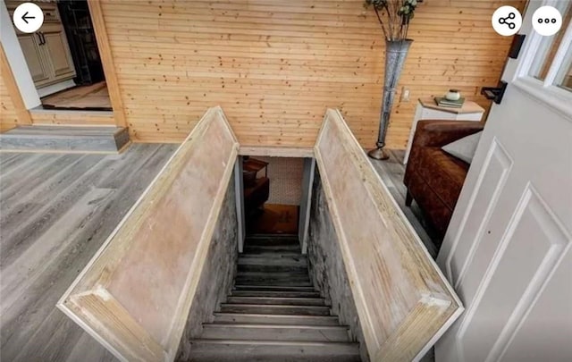 stairs featuring wooden walls and wood finished floors