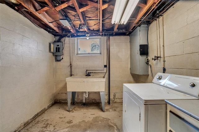 laundry room with a sink, washer / dryer, electric panel, and laundry area