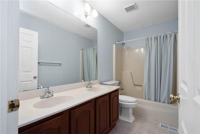 bathroom with double vanity, shower / bathtub combination with curtain, visible vents, and a sink