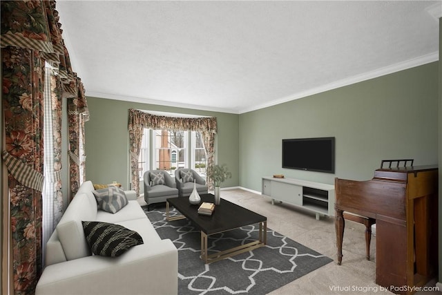 living area with carpet, baseboards, and ornamental molding