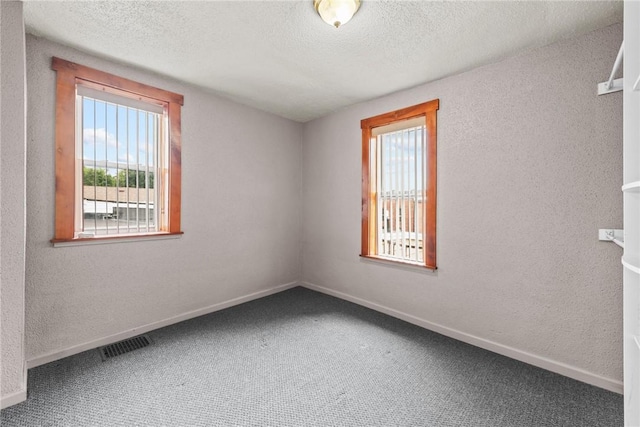 spare room with visible vents, carpet, a healthy amount of sunlight, and a textured ceiling