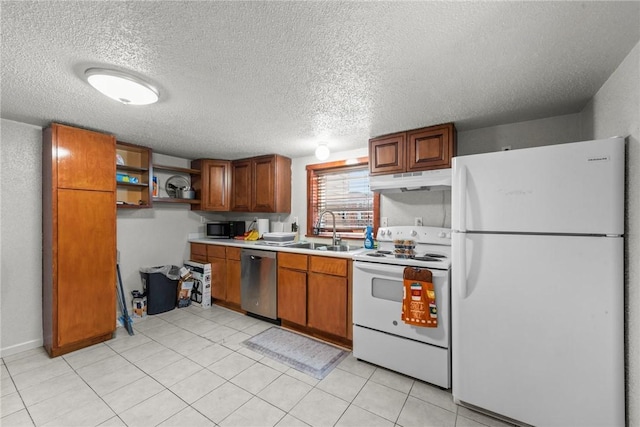 kitchen with brown cabinets, a sink, open shelves, under cabinet range hood, and stainless steel appliances