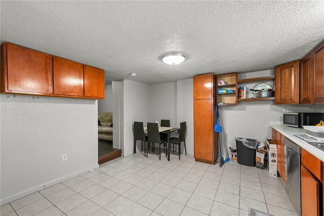 kitchen featuring brown cabinetry, open shelves, light countertops, a textured ceiling, and dishwasher