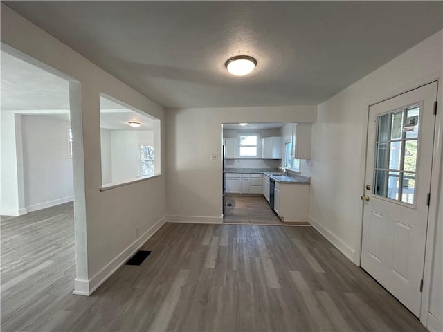 interior space featuring baseboards, wood finished floors, plenty of natural light, and white cabinets