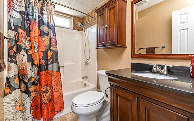 full bath with visible vents, toilet, vanity, shower / bath combo, and a textured ceiling