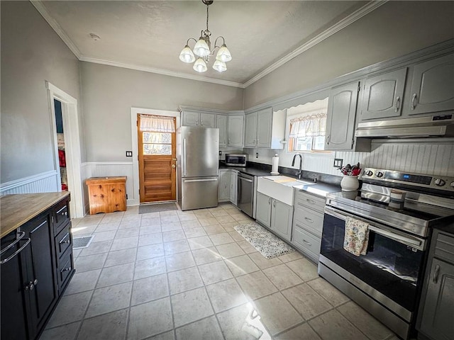 kitchen featuring under cabinet range hood, decorative light fixtures, a sink, stainless steel appliances, and wainscoting