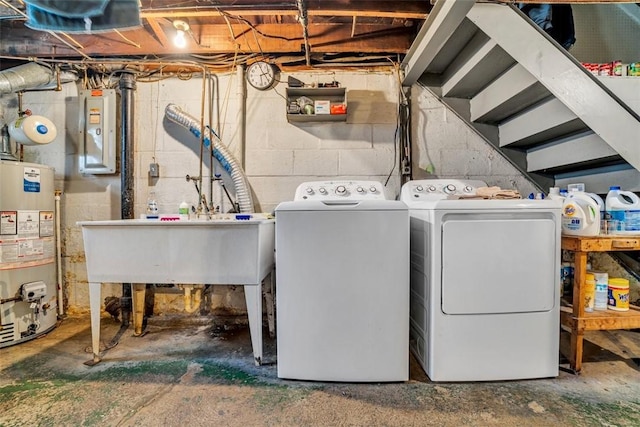 laundry area with washing machine and dryer, water heater, laundry area, electric panel, and a sink