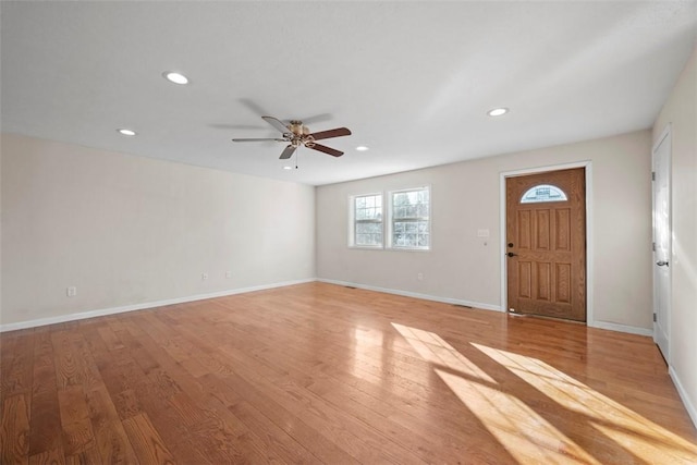 entrance foyer with recessed lighting, baseboards, ceiling fan, and light wood finished floors