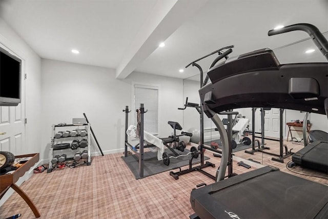 exercise area featuring carpet flooring, recessed lighting, and baseboards