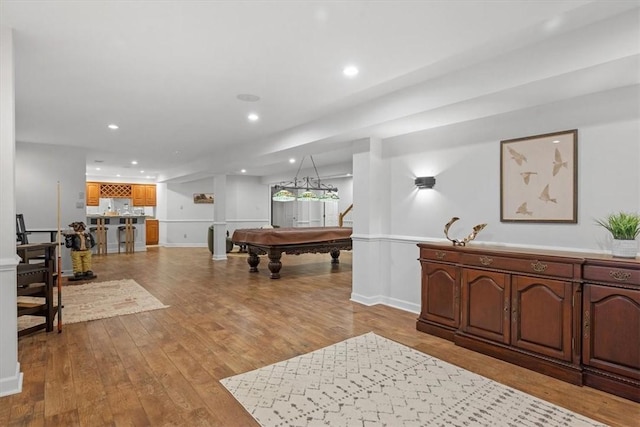 rec room with recessed lighting, baseboards, wood finished floors, and billiards