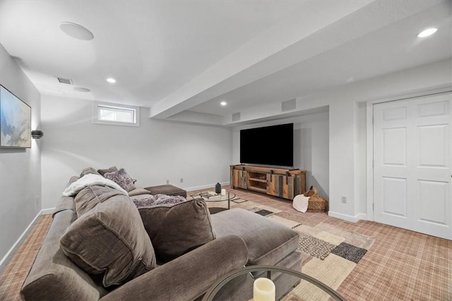 carpeted living room with recessed lighting, visible vents, and baseboards