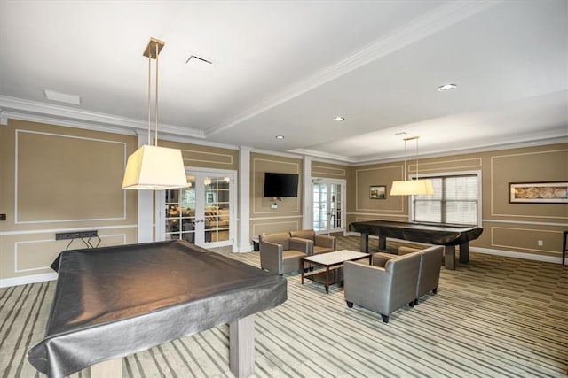 living area featuring crown molding, french doors, carpet floors, a decorative wall, and pool table