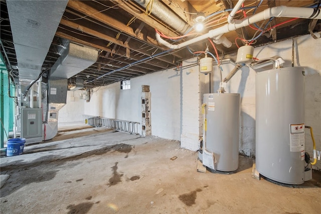 unfinished below grade area with heating unit and water heater