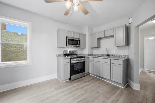 kitchen featuring a sink, light wood-type flooring, appliances with stainless steel finishes, and gray cabinets