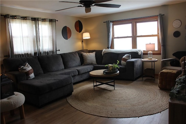 living room with a ceiling fan and wood finished floors