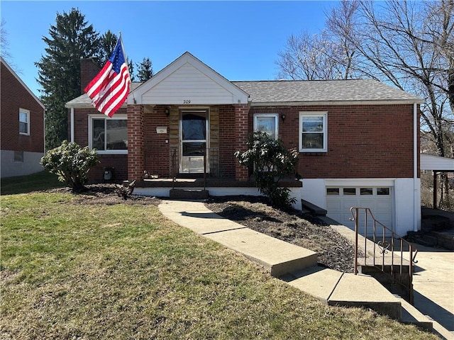 view of front facade featuring a front lawn, an attached garage, and brick siding