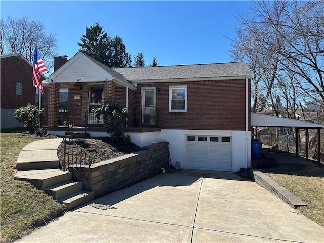 view of front of home featuring driveway, a porch, roof with shingles, an attached garage, and brick siding