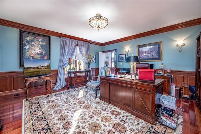 4605 Whippoorwill Dr, Hermitage, PA 16148 - office with a wainscoted wall, wood finished floors, and ornamental molding
