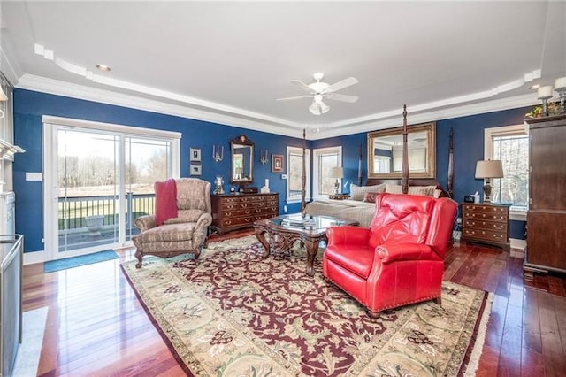 4605 Whippoorwill Dr, Hermitage, PA 16148 - living room with a raised ceiling, wood-type flooring, a ceiling fan, and crown molding