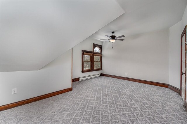 bonus room featuring a ceiling fan, baseboards, lofted ceiling, a baseboard heating unit, and carpet flooring