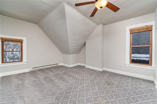 bonus room with carpet floors, lofted ceiling, baseboards, and a baseboard radiator