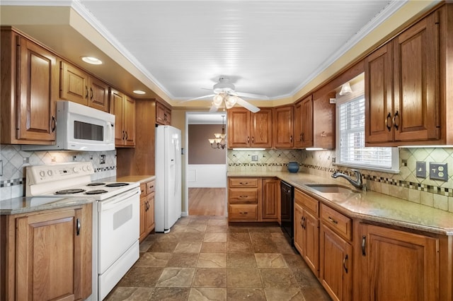 kitchen with brown cabinets, ornamental molding, a sink, backsplash, and white appliances