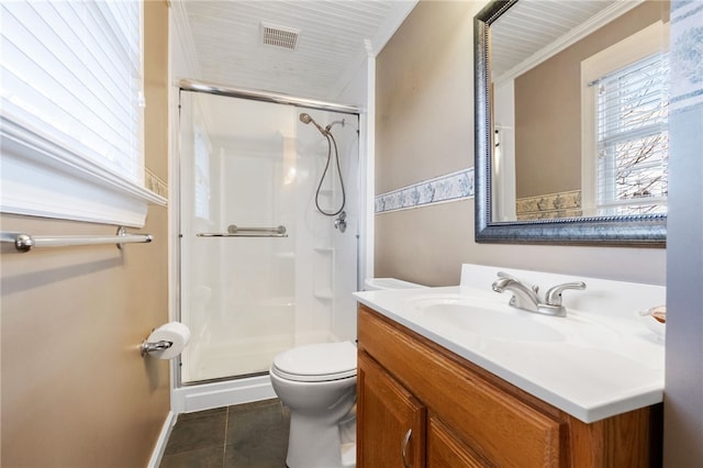 full bath featuring toilet, a stall shower, vanity, and tile patterned flooring