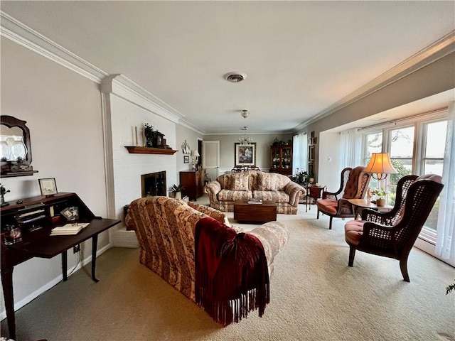 living area featuring visible vents, light colored carpet, a brick fireplace, and ornamental molding