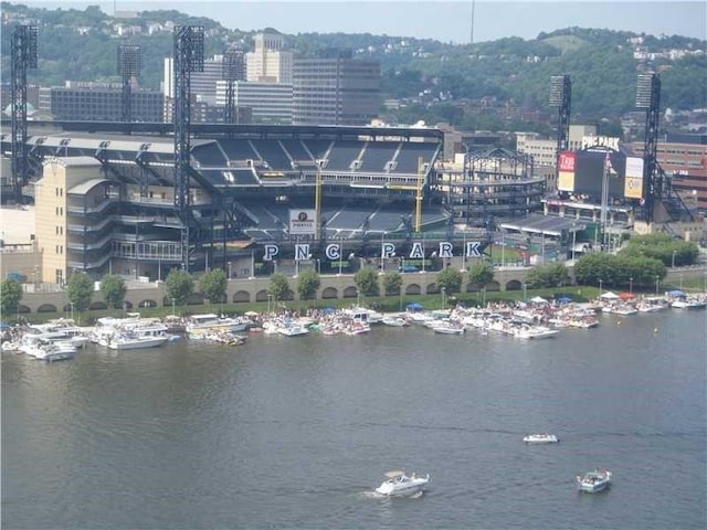 aerial view with a view of city and a water view