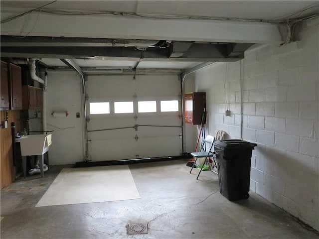 garage with electric panel and concrete block wall