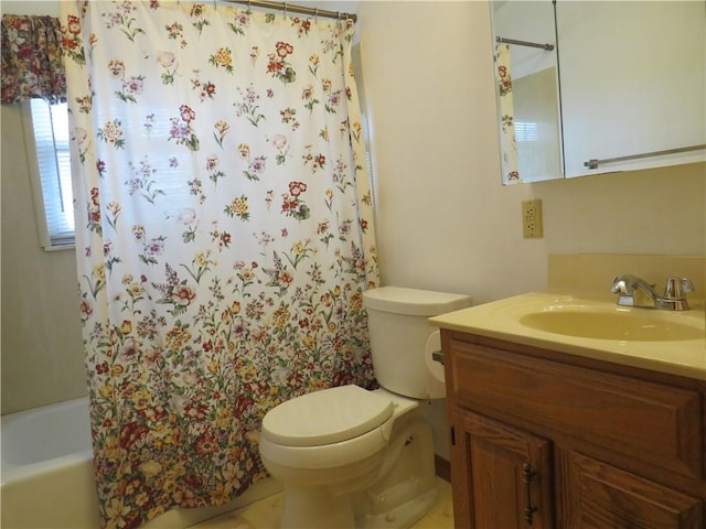 bathroom featuring toilet, vanity, and shower / bathtub combination with curtain