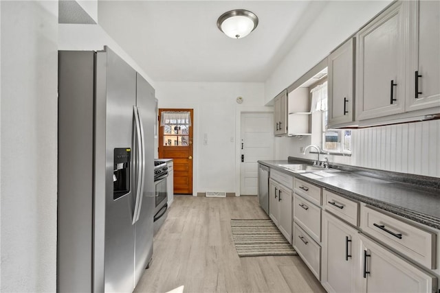 kitchen featuring visible vents, a sink, dark countertops, stainless steel appliances, and light wood-style floors