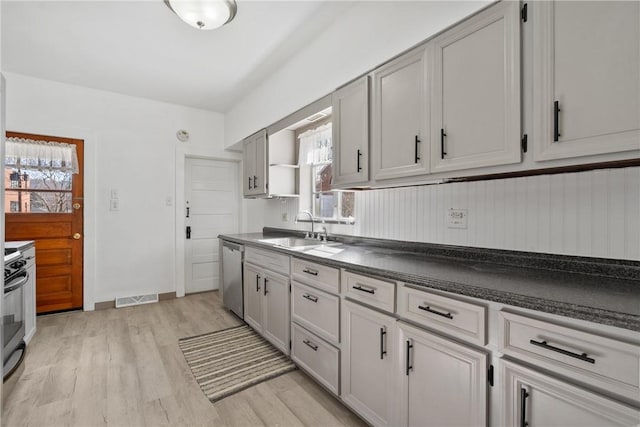 kitchen featuring visible vents, a sink, dark countertops, appliances with stainless steel finishes, and light wood finished floors