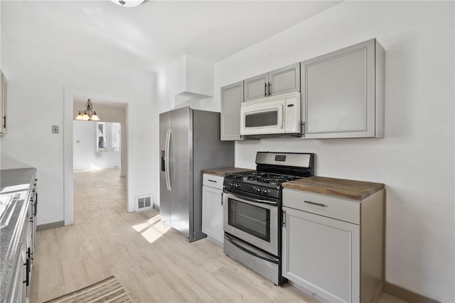 kitchen with an inviting chandelier, gray cabinets, butcher block countertops, light wood-style floors, and appliances with stainless steel finishes