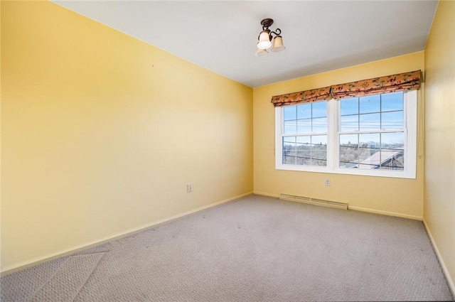 unfurnished room featuring carpet flooring, baseboards, and baseboard heating