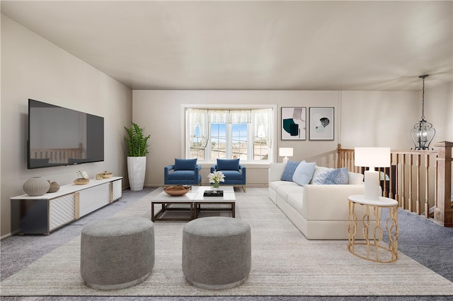 carpeted living room with an inviting chandelier