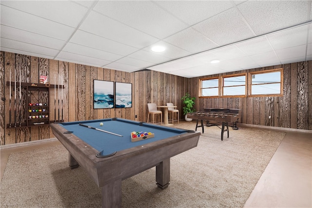 playroom featuring billiards, wood walls, and a drop ceiling