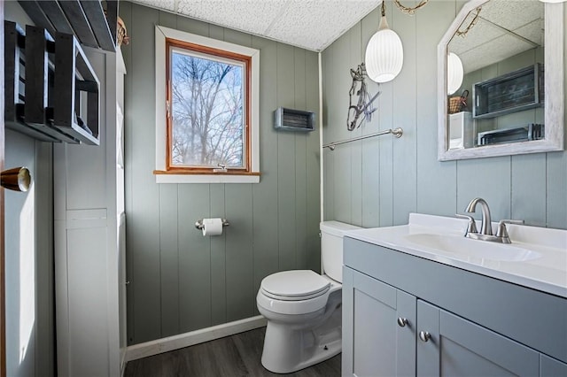 bathroom with toilet, vanity, and wood finished floors