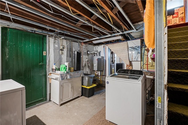 unfinished below grade area featuring washer / clothes dryer and water heater