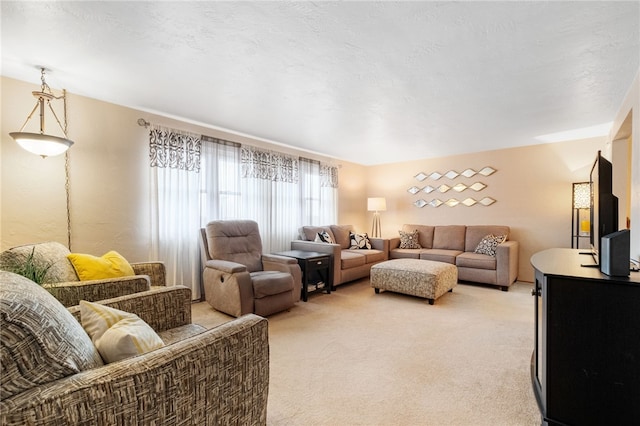 living area featuring light colored carpet and a textured ceiling