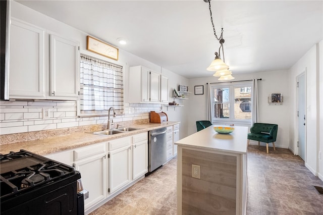 kitchen with a sink, backsplash, a kitchen island, gas stove, and dishwasher