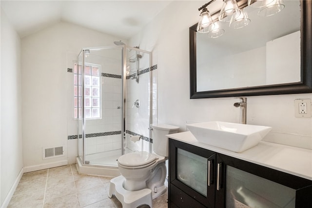 full bathroom featuring visible vents, a shower stall, toilet, vaulted ceiling, and vanity