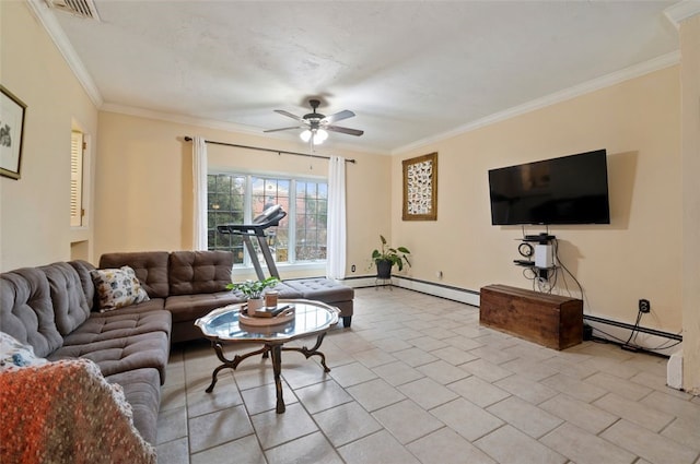 living room featuring visible vents, baseboard heating, crown molding, and a ceiling fan