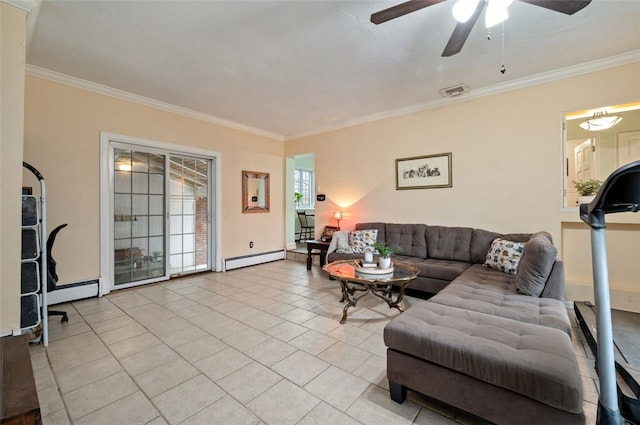 living area with a baseboard heating unit, light tile patterned flooring, and ornamental molding