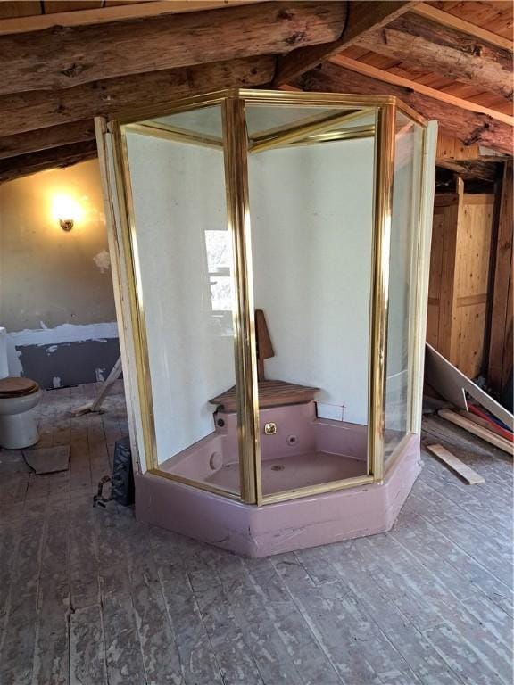 interior space with a stall shower and wood-type flooring