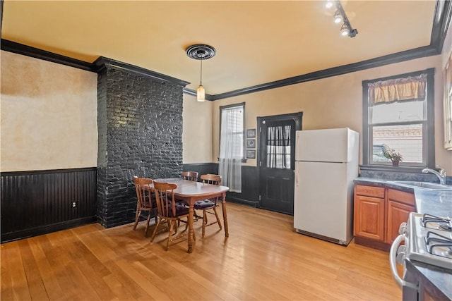 dining area with rail lighting, ornamental molding, light wood finished floors, and wainscoting