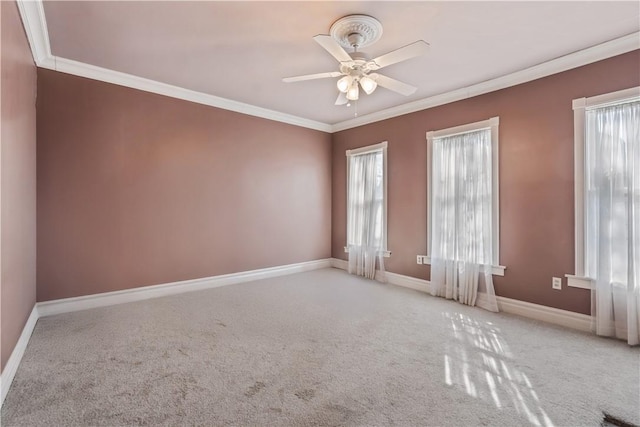 spare room featuring baseboards, carpet floors, a healthy amount of sunlight, and crown molding