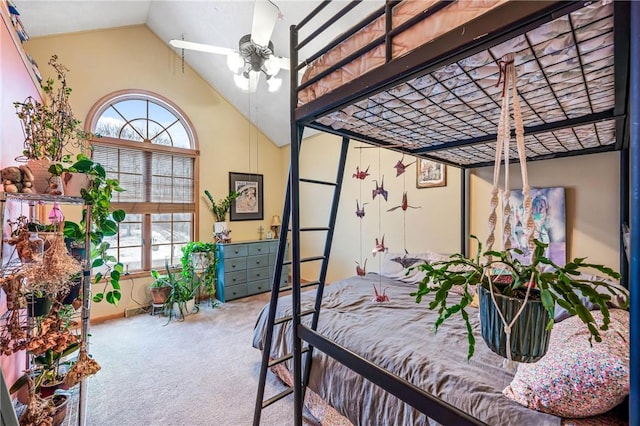 bedroom with vaulted ceiling and carpet floors