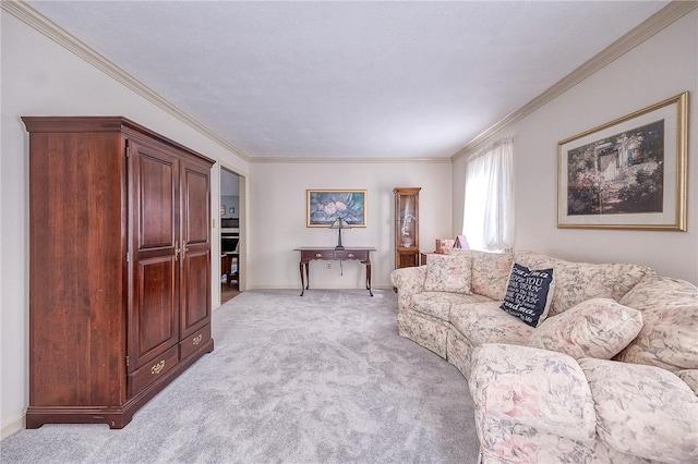 living room with light colored carpet, baseboards, and ornamental molding