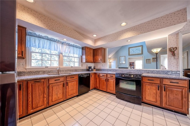 kitchen with black appliances, a sink, recessed lighting, brown cabinetry, and wallpapered walls